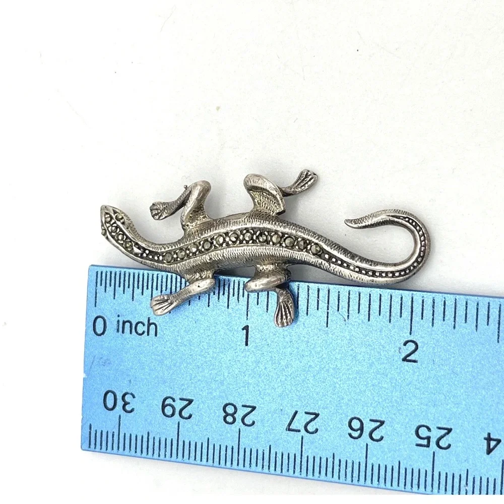 Vintage 925‎ Sterling Silver Marcasite Lizard Brooch Reptile Pin 2 Inch
